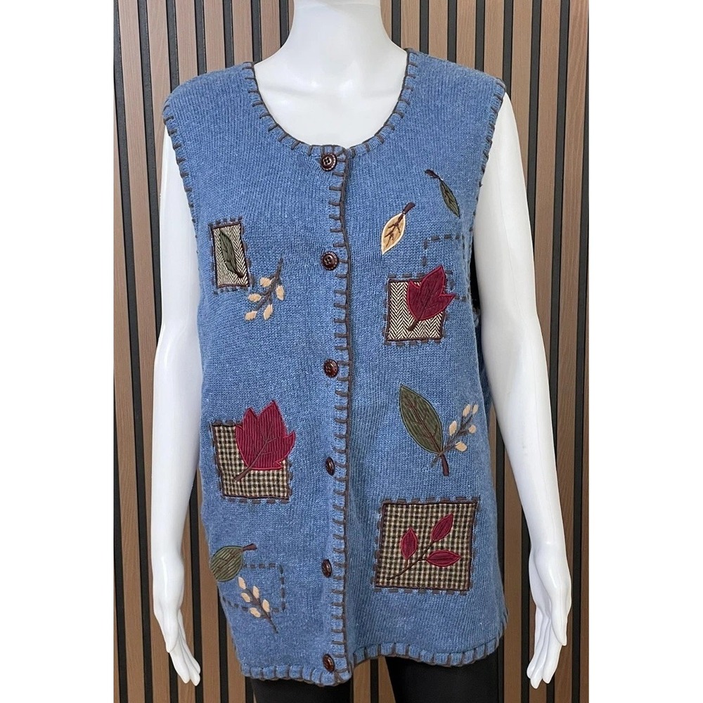 Timberlea Women's 1X Blue Sweater Ramie Vest Knitted‎ Cottage Fall Vintage
